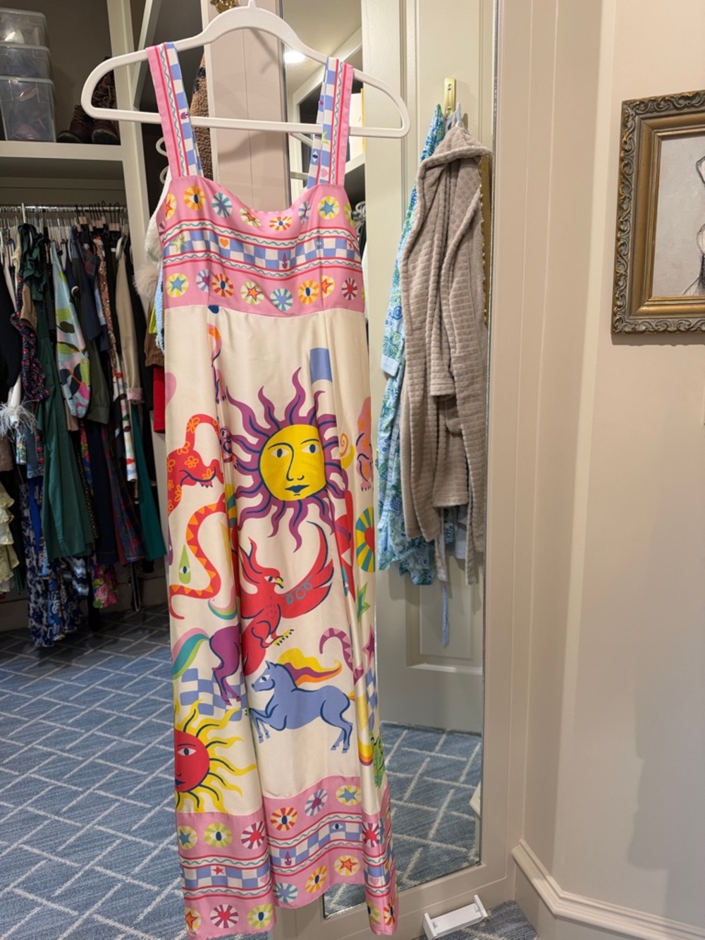 Maxi Sundress with Colorful Celestial & Animal Print - Cream/Pink